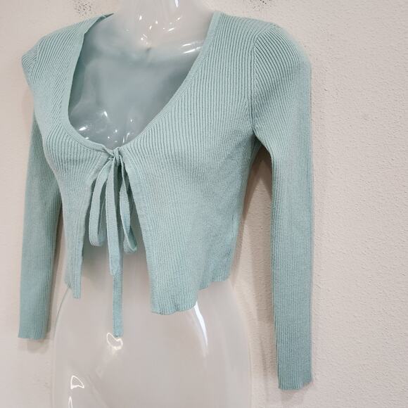 Twine & String Tie Front Crop Cardigan Sweater Ribbed Knit Mint Green Size XS - Picture 3 of 9